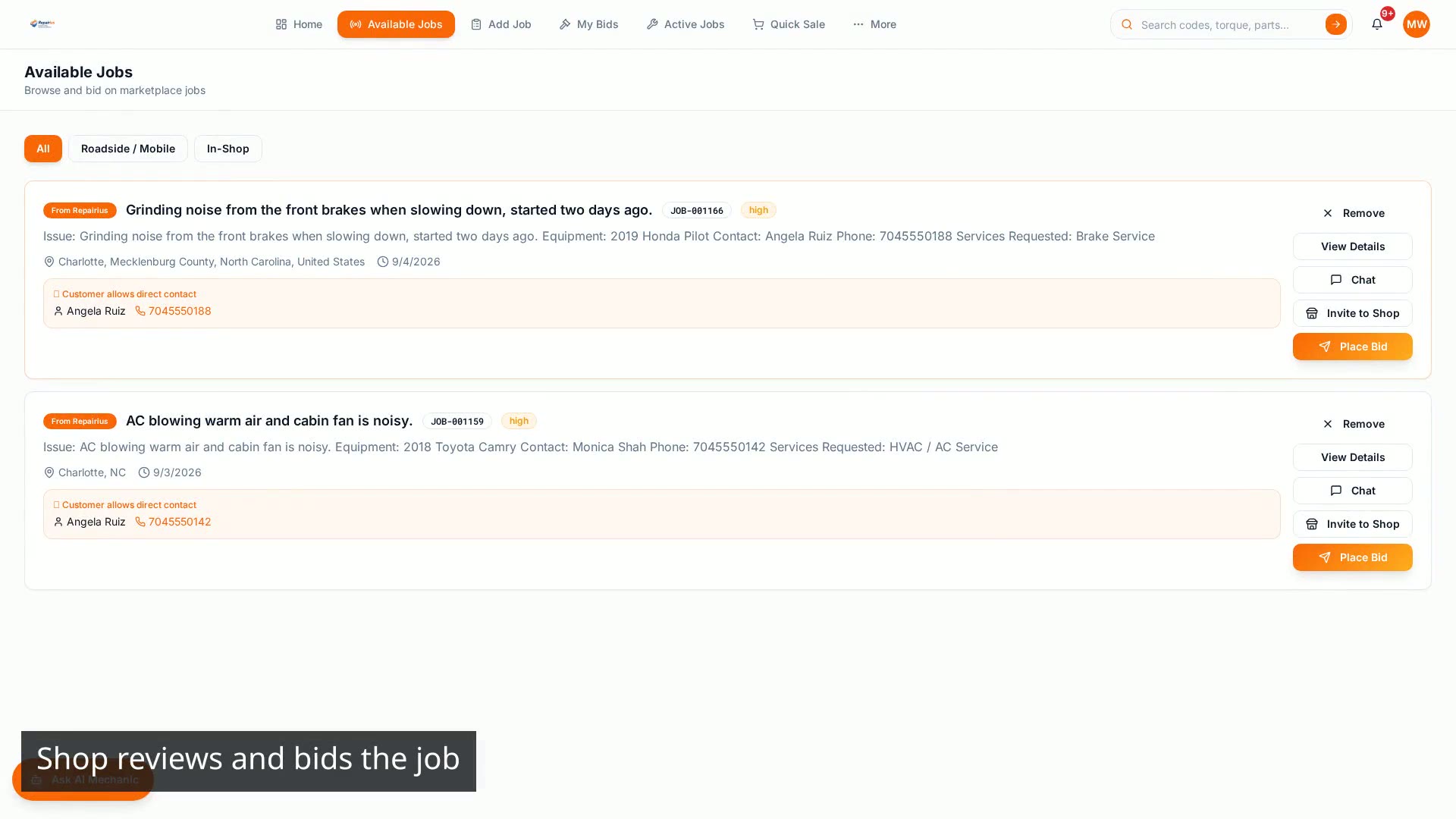 Shop Bidding and Job Messaging