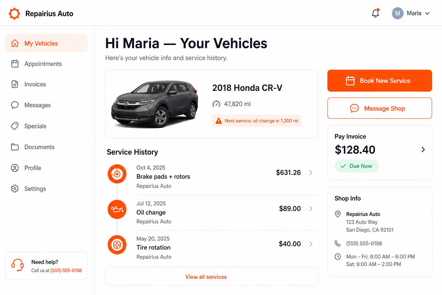 Repairius customer portal — vehicle history, book service, pay invoice