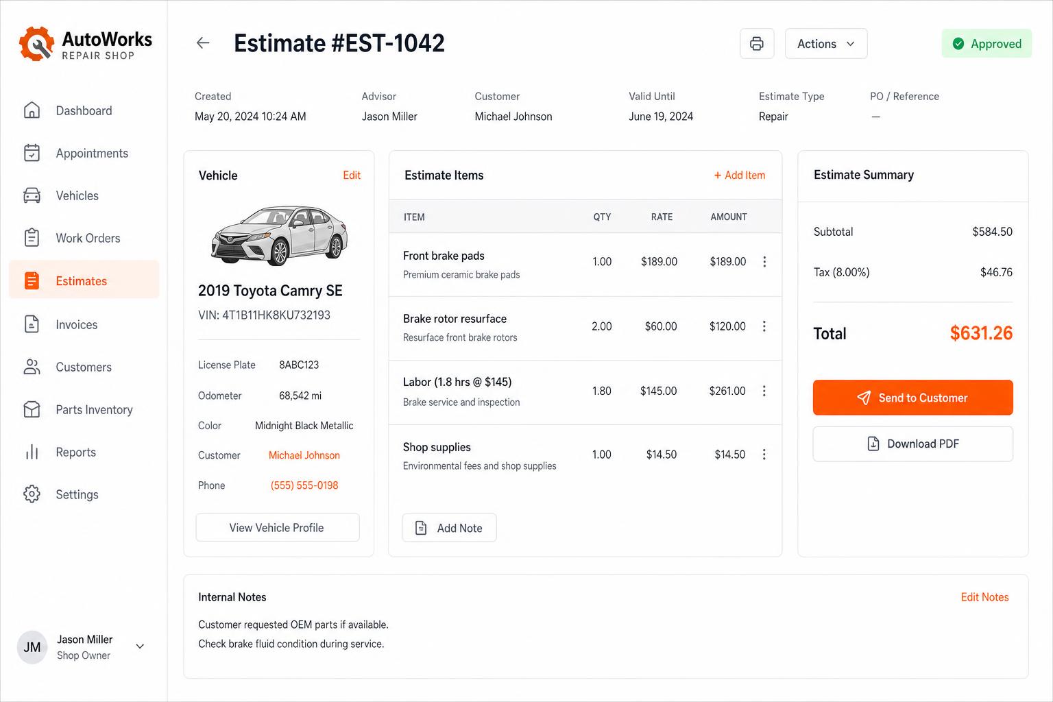 Repairius Estimates — line items, totals, send-to-customer in one screen