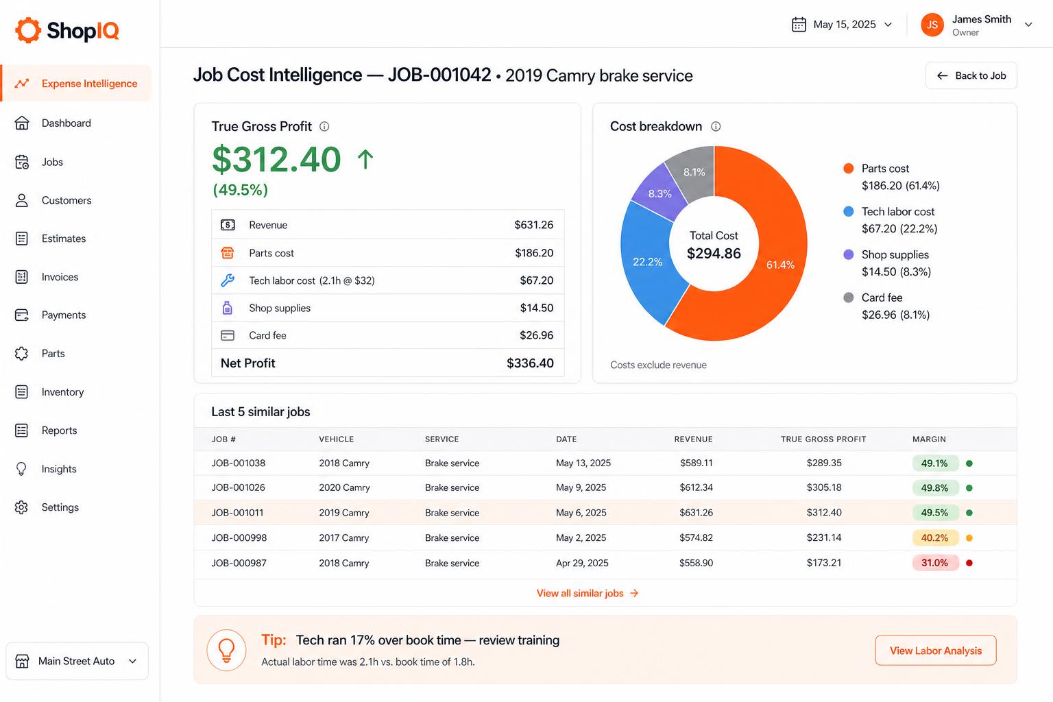 Repairius Job Cost Intelligence — true gross profit per job