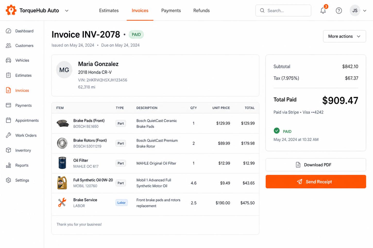Repairius Invoices — Stripe payments, PDF export, paid status