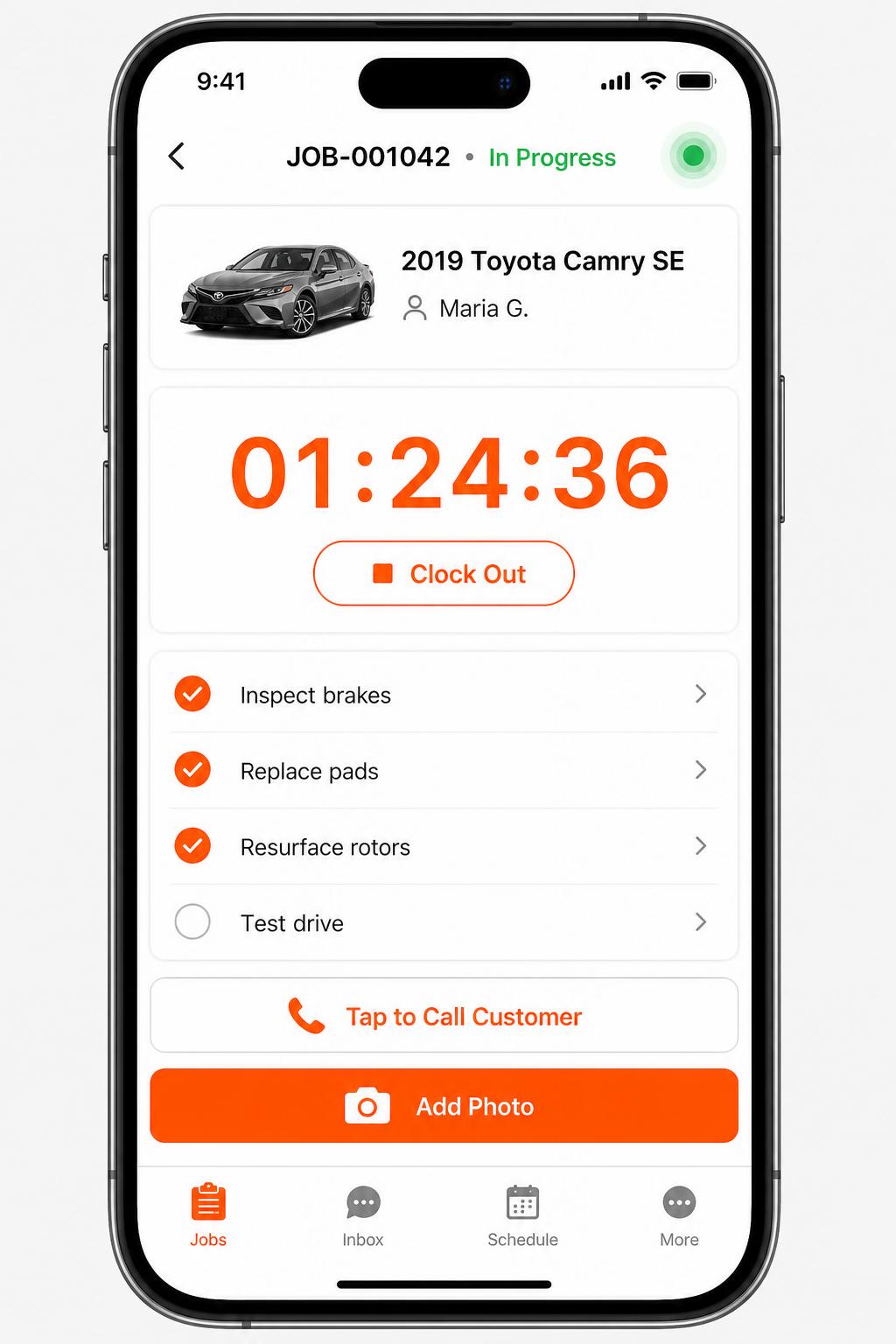 Repairius mobile tech app — clock timer, checklists, tap-to-call
